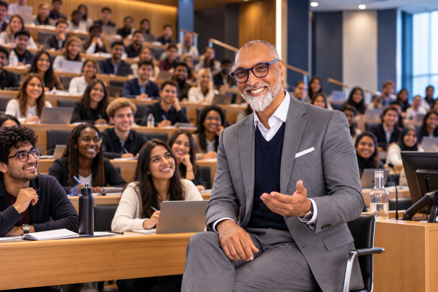 Rifat Sheikh speaking with a full lecture hall of law students