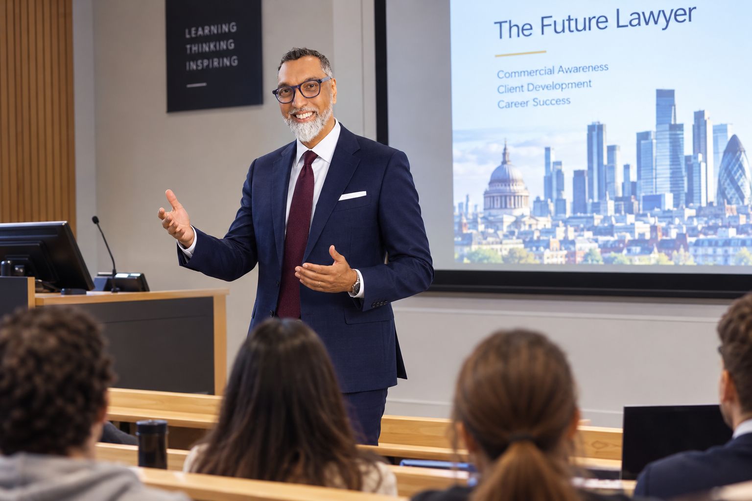 Rifat Sheikh presenting The Future Lawyer programme in a lecture room